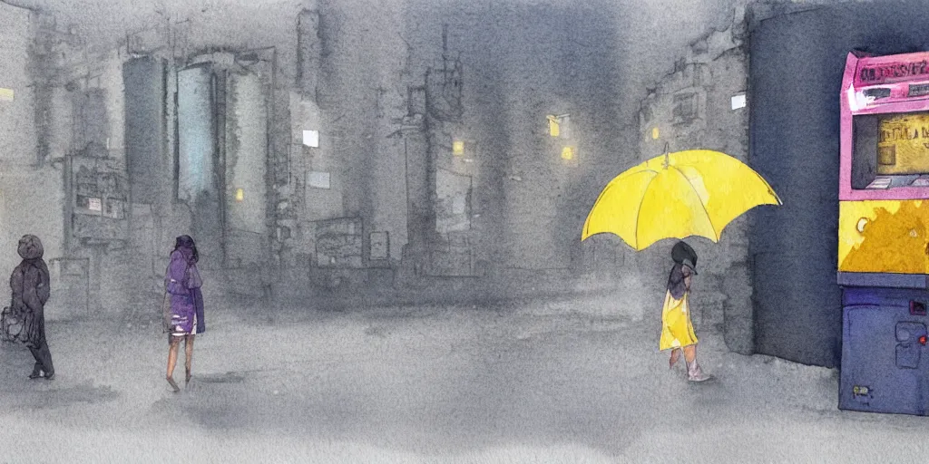 Image similar to ultrawide, simple watercolor of a dusty deserted city, a girl with a parka and a yellow umbrella, broken vending machines, in the style of Ghost in the Shell