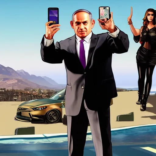 Image similar to GTA V loading screen depicting Benjamin Netanyahu holding a phone and doing a peace sign, hot babes in the background, highly detailed