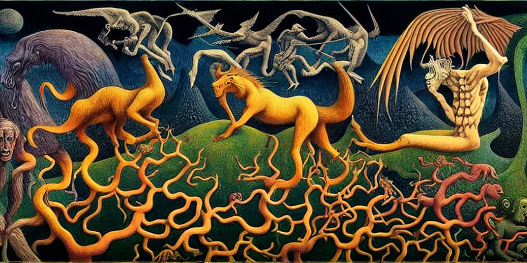 Image similar to mythical creatures and monsters in the imaginal realm of the collective unconscious, in a dark surreal painting by johfra, mc escher and ronny khalil