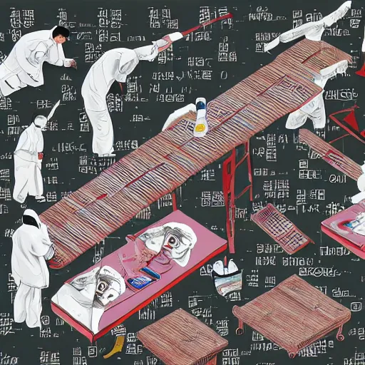 Image similar to chinese surgeons operating on a body on an operating table, in the style of daniel johnston and outsider art, 8k, line brush, minimal, overlaid with chinese adverts, collage