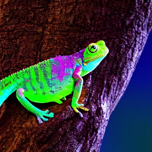 Prompt: a glowing chameleon with laser eyes