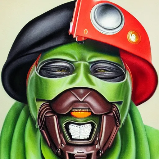 Image similar to beautiful lifelike painting of mf doom remembers his pot holders, hyperreal detailed facial features and uv lighting, art by ed roth and basil wolverton