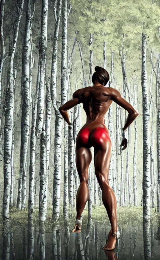 Image similar to photo of superbodybuilder woman posing standing with back in birch forest in jeff koons hip hop bauhaus style, beautiful detailed face, ultra realistic, concept art, intricate details, serious, highly detailed, photorealistic, octane render, 8 k, unreal engine, natural light, art by todd mcfarlane