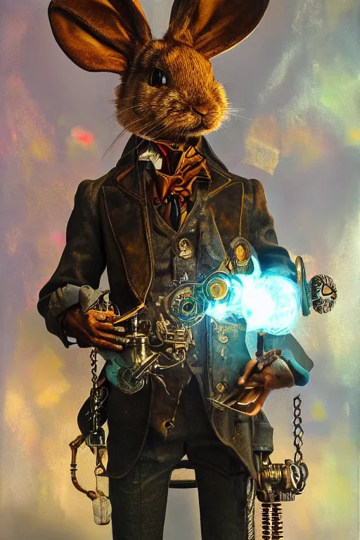 Prompt: ultra realist soft painting of a single steampunk rabbit artist, very intricate details, volumetric rainbow lighting, reflections, refractions, symmetry accurate humanoid anatomy features, unreal render