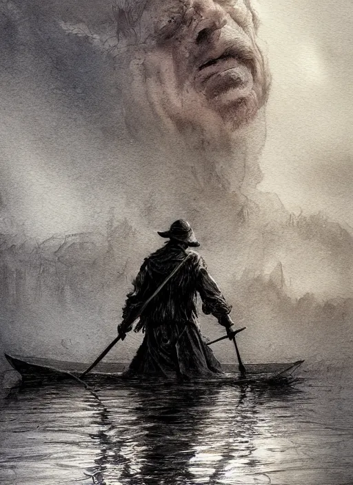 Image similar to portrait, The boatman on the river Styx, watercolor, dramatic lighting, cinematic, establishing shot, extremely high detail, foto realistic, cinematic lighting, pen and ink, intricate line drawings, by Yoshitaka Amano, Ruan Jia, Kentaro Miura, Artgerm, post processed, concept art, artstation, matte painting, style by eddie mendoza, raphael lacoste, alex ross