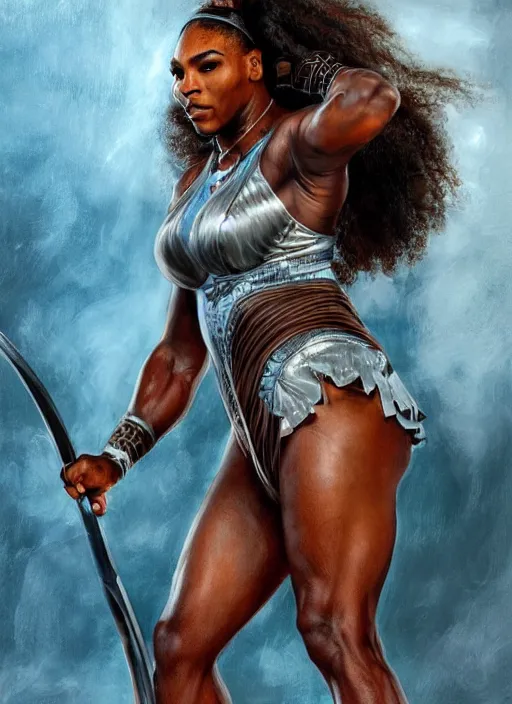 Prompt: serena williams as a ruggedly handsome hero holding an enormous large dual wielding sword, intricate, elegant, highly detailed, centered, digital painting, artstation, concept art, smooth, sharp focus, illustration, artgerm, donato giancola, Joseph Christian Leyendecker, WLOP, Boris Vallejo, Artgerm