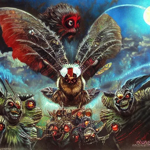 Image similar to gremlins vs mothra art by Noriyoshi Ohrai