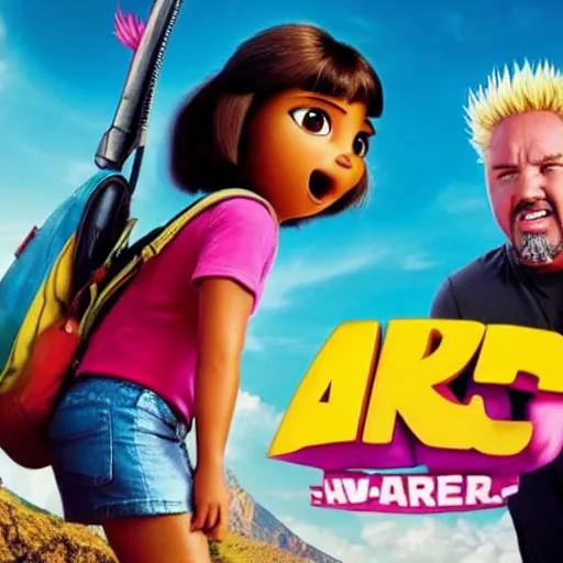 Image similar to still from the movie with Dora the Explorer (played by Lara Croft) and Guy Fieri (played by Anthony Hopkins), award-winning cinematography, 4k