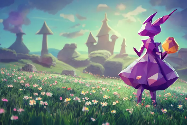 Prompt: ( lowpoly ) ps 1 playstation 1 9 9 9 running anthropomorphic lurantis maid wearing witch hat holding a swadloon standing in a ( field of daisies ), mount coronet in the distance digital illustration by ruan jia on artstation
