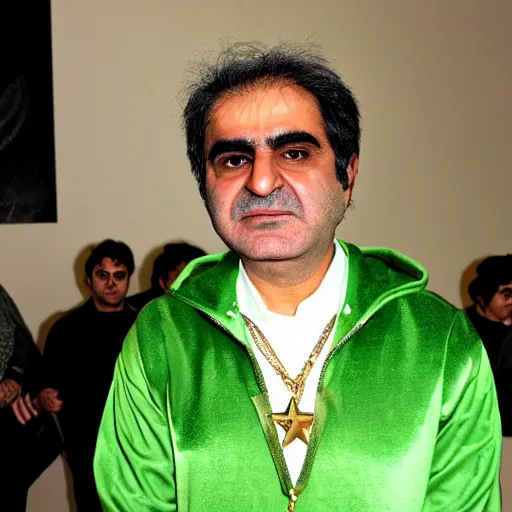 Image similar to jafar panahi wearing a green tracksuit and gold necklace with large star shaped gold medallion