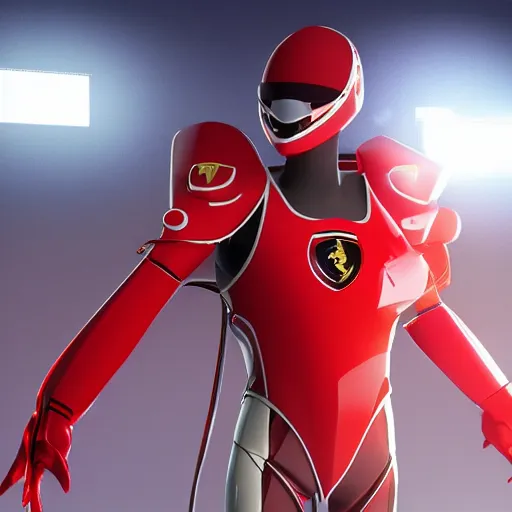 Image similar to Tokusatsu character based on Ferrari, red mechanical skinny body, chest plate with Ferrari logo, stylized motorcycle helmet, full body, unreal engine, 3D model