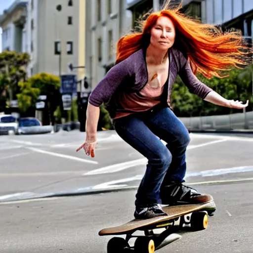 Prompt: tori amos pulls an amazing kick flip on her skateboard in san francisco, stunning sports photography