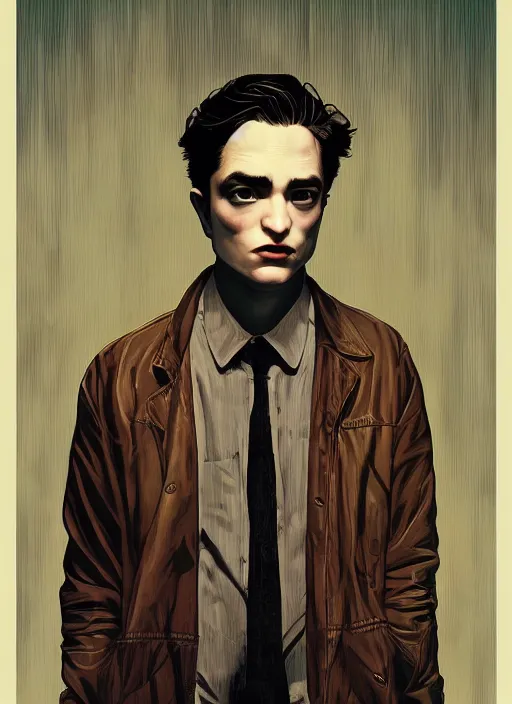 Image similar to poster artwork by Michael Whelan and Tomer Hanuka, Karol Bak, of the young researcher Robert Pattinson from scene from Twin Peaks, clean