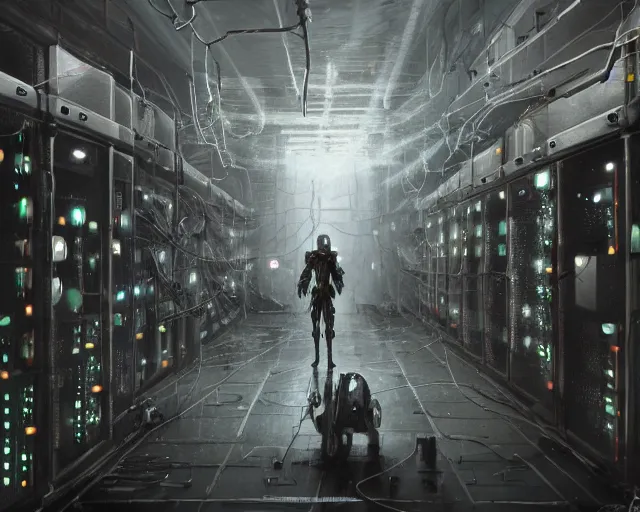 Image similar to gloomy colossal ruined server room in datacenter robot figure automata headless drone robot knight welder posing pacing fixing soldering mono sharp focus, emitting diodes, smoke, artillery, sparks, racks, system unit, motherboard, by pascal blanche rutkowski artstation hyperrealism cinematic dramatic painting concept art of detailed character design matte painting, 4 k resolution blade runner