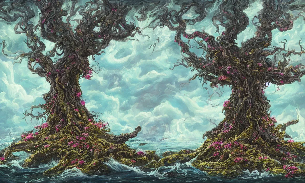 Prompt: a beautiful painting of a huge sacred and mystical and mysterious tree growing on an island with blooming with exotic glowing flowers and bugs, in the middle of a violent tumultuous sea, by john blanche, trending on artstation, midjourney