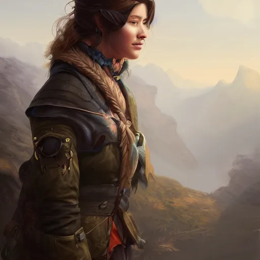 Image similar to highly detailed beautiful digital portrait painting of an adventurer woman facing away from the camera, looking at cliffs and mountains in the distant fog, trending on artstation, cgsociety