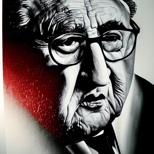 Image similar to a portrait of henry kissinger, hyper realistic, octane render, masterpiece portrait painting. dark, moody, black oil drips from his mouth and eyes, abstract brush strokes, inner glow.