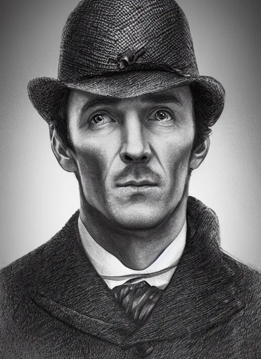 Prompt: Sherlock Holmes, hyper realistic, portrait, deerstalker, 4k, 8k