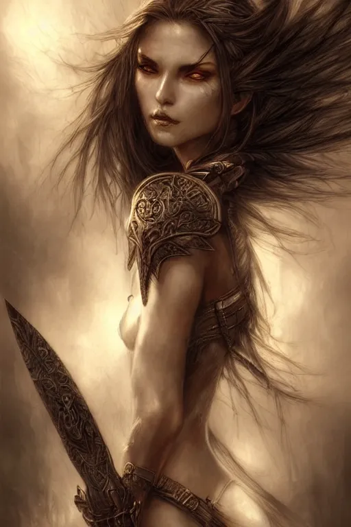 Prompt: a beautiful warrior girl, fantasy, portrait, sharp focus, intricate, elegant, digital painting, artstation, matte, highly detailed, concept art, illustration, ambient lighting, art by Luis Royo