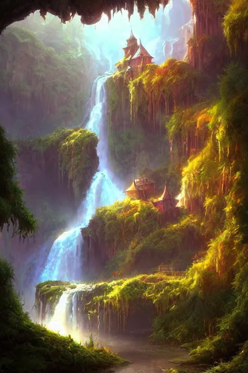 Prompt: Digital masterpiece depicting Idyllic fantasy landscape, waterfalls, castle, willows, mystical, magical, Tyler Edlin and Andreas Rocha, Hyperdetailed, stylized, Artstation