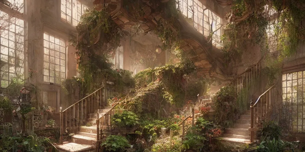 Prompt: photo of a stunning indoor garden. cozy. fireplace. stairs. trending on artstation. cgsociety. art by greg rutkowski and moebius.