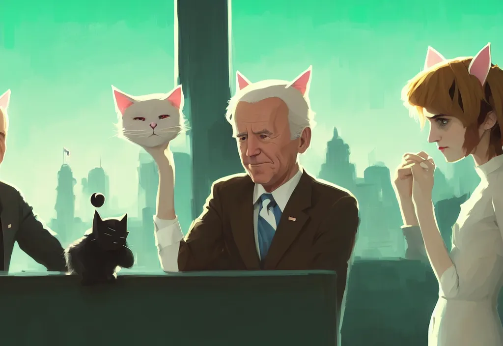 Image similar to joe biden and emma watson with cat ears, epic debates, presidental elections candidates, cnn, fox news, fantasy, by atey ghailan, by greg rutkowski, by greg tocchini, by james gilleard, by joe gb fenton, dynamic lighting, gradient light green, brown, blonde cream, salad and white colors in scheme, grunge aesthetic