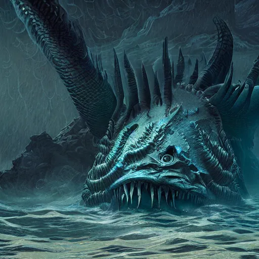 Image similar to sea beast of the depths in the style of michael whelan and h. p. lovecraft. hyperdetailed photorealism by greg rutkowski. 1 0 8 megapixels, 3 d finalrender, cinematic lighting.