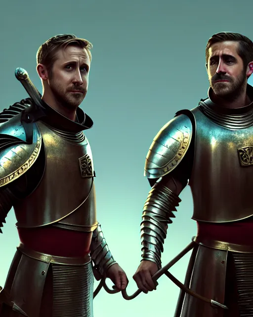 Prompt: portrait of ryan gosling and jake gyllenhaal as medieval knights rendered in unreal engine 5, by wlop, greg rutkowski, and peter mohrbacher, octane render, ultra high detail, 3 d, extremely detailed shading, concept art, character design, trending on artstation, atmosphere, glow, cinematic lighting, full of color