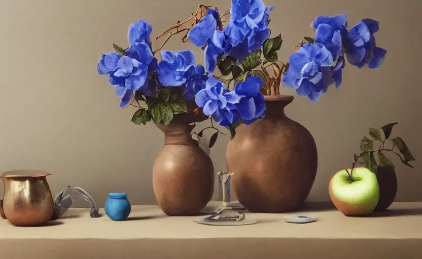 Prompt: Realistic still lifes photo studio, porcelain vase, apple, blue flowers, bottle of wine, skull, copper cup, golden hour 8k,High definition, ultra detailed