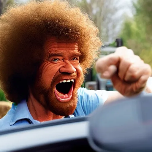 Image similar to a screaming angry bob ross in rear view mirror