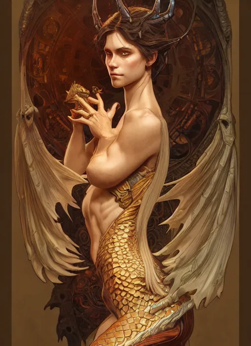 Prompt: portrait of an european dragon, d & d, epic, grand, monstrous, fantasy, intricate, elegant, highly detailed, digital painting, artstation, concept art, smooth, sharp focus, illustration, art by artgerm and greg rutkowski and alphonse mucha