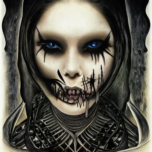 Prompt: portrait of a beautiful woman, gothic, cat eyes, high detail, illustration by h. r. giger