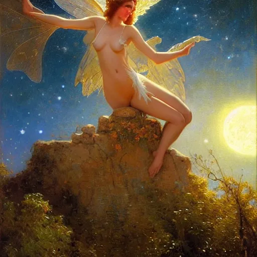 Image similar to attractive fairy magically floating high in the night, fantasy, full moon in background. highly detailed painting by gaston bussiere, craig mullins, j. c. leyendecker, mid shot, 8 k