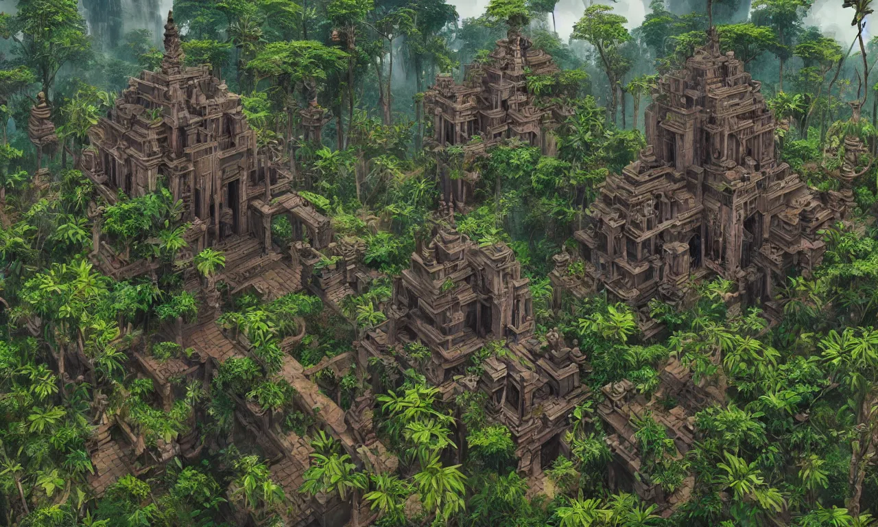 Image similar to A hyper real comic book style portait painting of jungle temples in the style of MC Escher, Maurits Cornelius Escher, unreal 5, hyperrealistic, octane render, RPG portrait, dynamic lighting