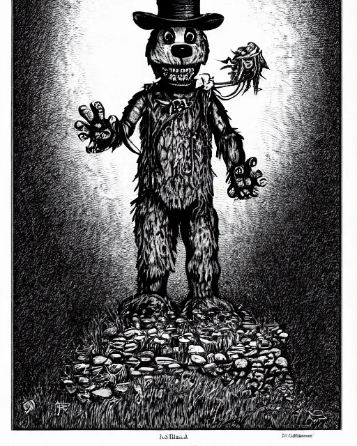 Image similar to an illustration of a freddy fazbear, full body, pen-and-ink illustration, etching, by Russ Nicholson, DAvid A Trampier, larry elmore, 1981, HQ scan, intricate details, Monster Manula, Fiend Folio