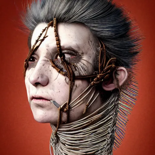 Image similar to portrait of a Shibari barbed wire wrapped face and neck, headshot, insanely nice professional hair style, dramatic hair color, digital painting, of a old 17th century, old cyborg merchant, amber jewels, baroque, ornate clothing, scifi, realistic, hyperdetailed, chiaroscuro, concept art, art by Franz Hals and Jon Foster and Ayami Kojima and Amano and Karol Bak,