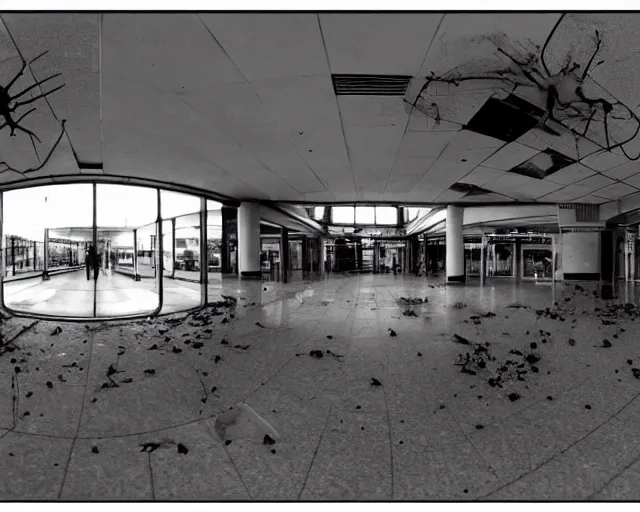 Prompt: camera footage of an abandoned shopping mall overtaken by spiders, high exposure, dark, monochrome, camera, grainy, CCTV, security camera footage, timestamp, zoomed in, fish-eye lense, spiders, webs