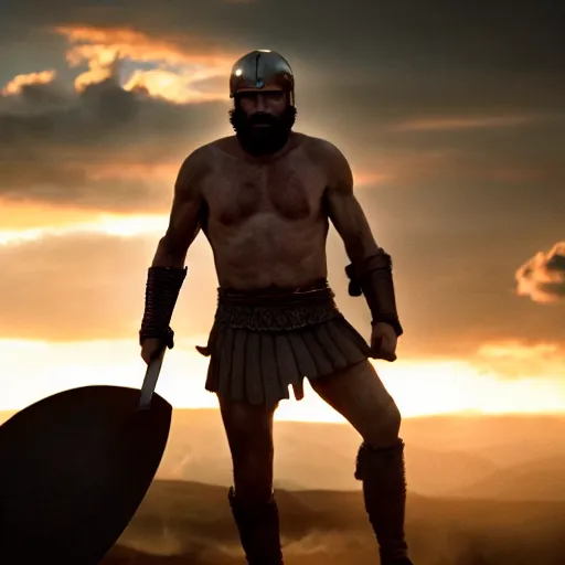 Prompt: epic cinematic film still of joe biden as leonidas in 3 0 0 movie, golden hour lighting, moody sky, 8 k