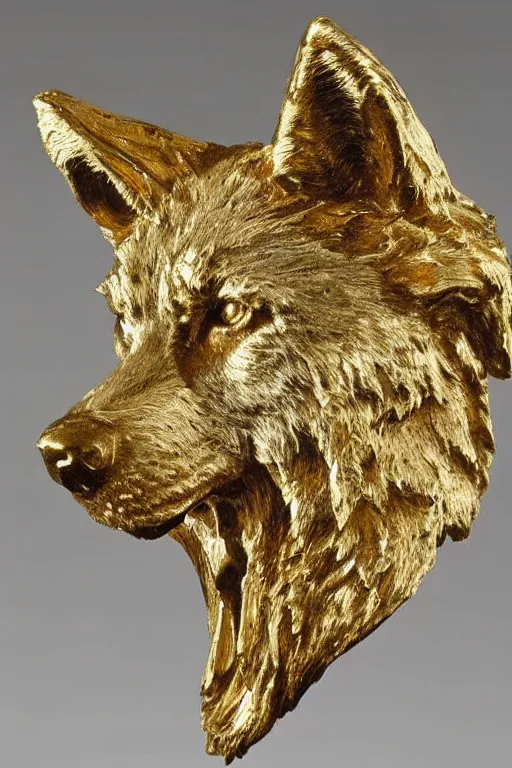 Image similar to a white marble statue of a wolf's head and shoulders with gold filigree, michelangelo