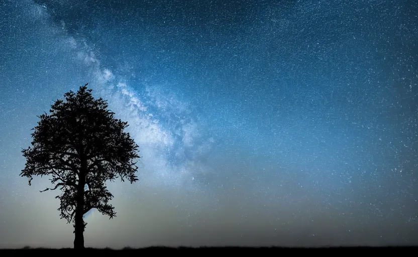 Prompt: night photography of a tree with starry sky