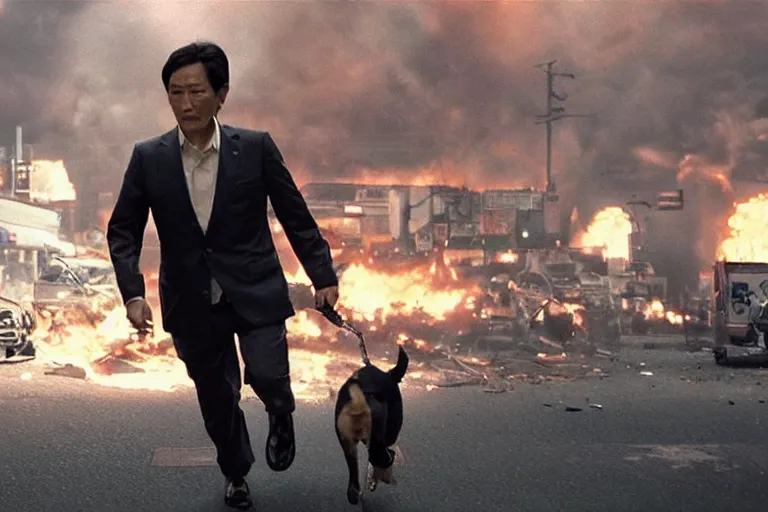 Image similar to cinematography action movie closeup portrait of a Japanese business man carrying his dog running from an explosion in Tokyo by Neil blomkamp