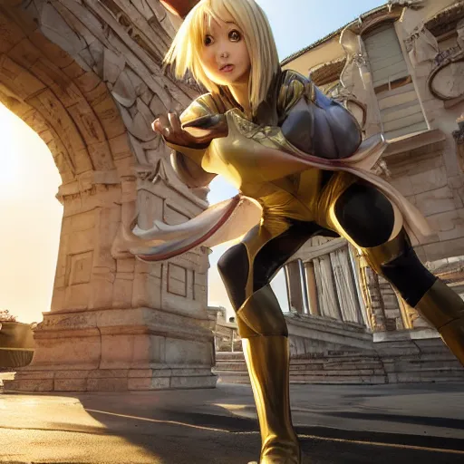 Image similar to blonde - haired princess, anime princess, wearing skinsuit, action pose, parkour, plaza, greco - roman pillars, golden hour, partly cloudy sky, sepia sun, strong lighting, strong shadows, vivid hues, ultra - realistic, sharp details, subsurface scattering, intricate details, hd anime, 2 0 1 9 anime