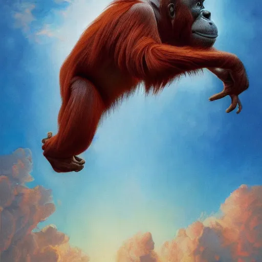 Prompt: painting of orangutan surfing through the sky, by artgerm, by justin cheung, by greg hildebrandt, by wlop, charlie bowater, golden ratio, symmetric, elegant, ornate, luxury, elite, matte painting, cinematic, trending on artstation, deviantart and cgsociety, 8 k, high resolution