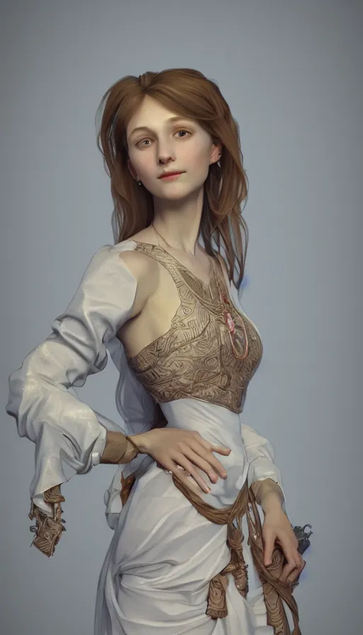 Image similar to elegant, skinny cute girl portrait with open chest white ancient clothes by Alphonse Mucha, and Octane Render