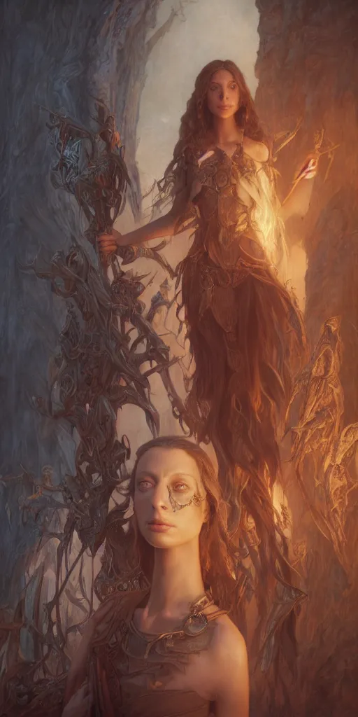 Prompt: angela sarafyan, beautiful fantasy maiden, dungeons and dragons, masterpiece by edgar maxence and ross tran and michael whelan, gustav dore, 8 k, octane render