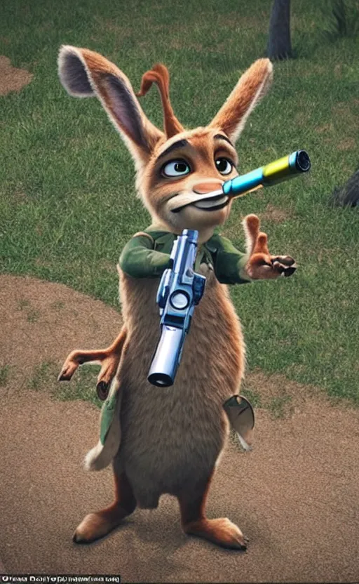 Image similar to “kangaroo in the style of the movie zootopia holding a laser gun and pointing it at the the camera”