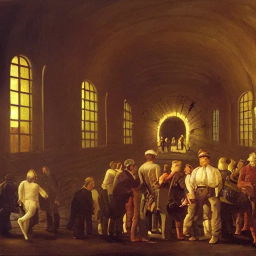 Prompt: underground tunnels inhabited by chubby white businessmen, mechanical computers, lights and switches, portal to the dreamworld, baroque oil painting