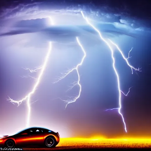 Image similar to futuristic flying car emerging from a circle of lightning in the sky, thunderstorm at night, 28mm dramatic photo