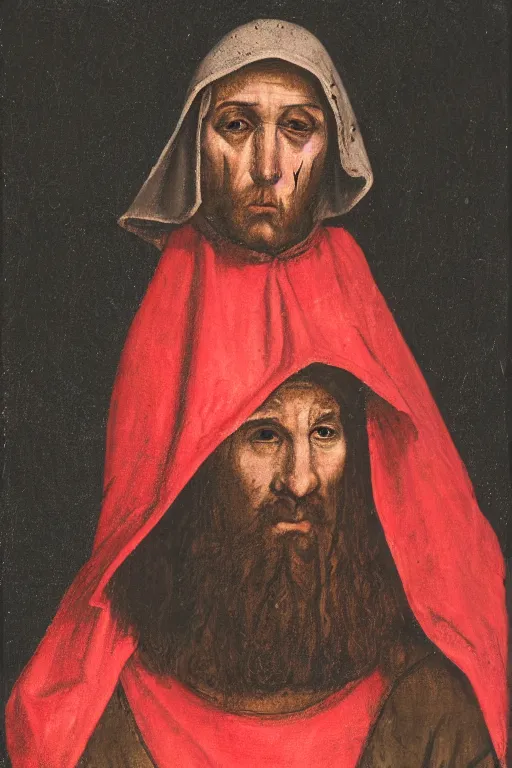 Prompt: medieval man wearing a red potato sack over his head, bloody, looking at the camera