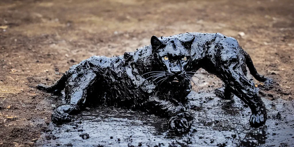 Prompt: a panther, made of ferrofluid, bathing inside the tar pit, full of tar, covered with ferrofluid. dslr, photography, realism, animal photography, color, savanna, wildlife photography